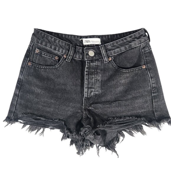 Zara Pants - Zara Washed Black Distressed Mid Rise Button Fly Denim Shorts Size 4
